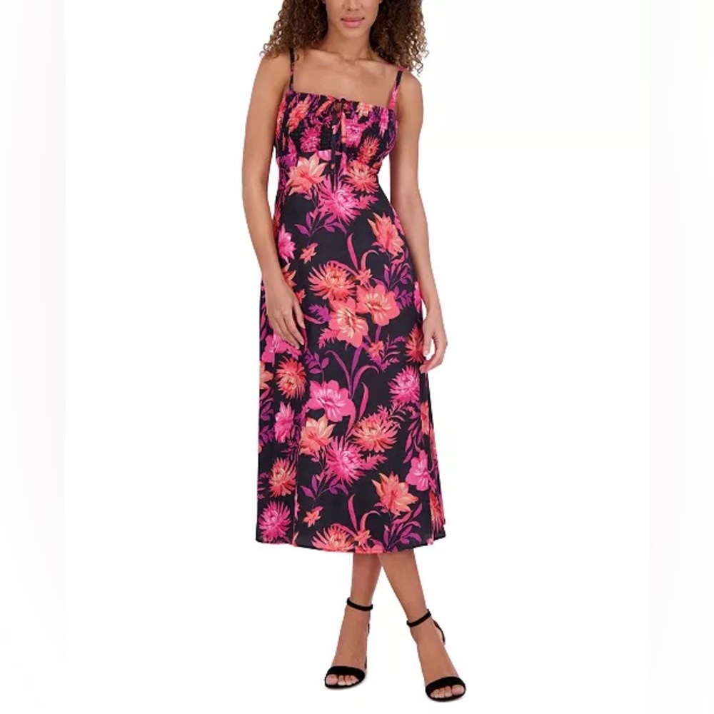 Kensie Floral Midi Dress Size 4 Pink Black Smocked Bodice Cutout Back NWT